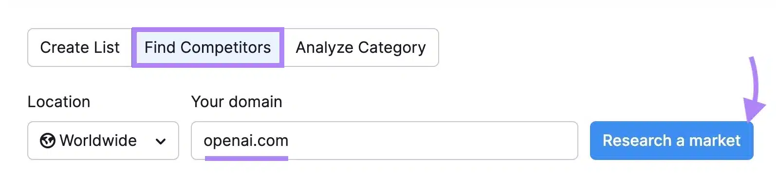 Market Explorer tool-start with the "Find Competitors" tab selected, "openai.com" entered and "Research a market" clicked. 
