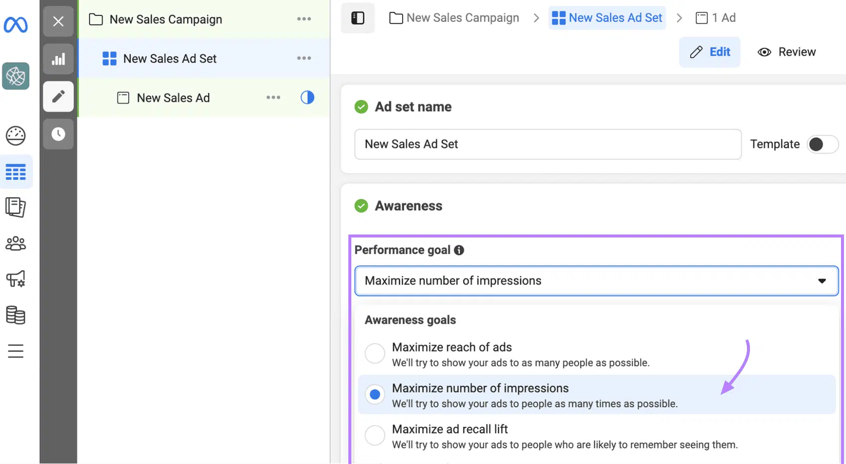 Meta ads campaign interface showing settings for a "New Sales Ad Set" with a focus on maximizing impressions.