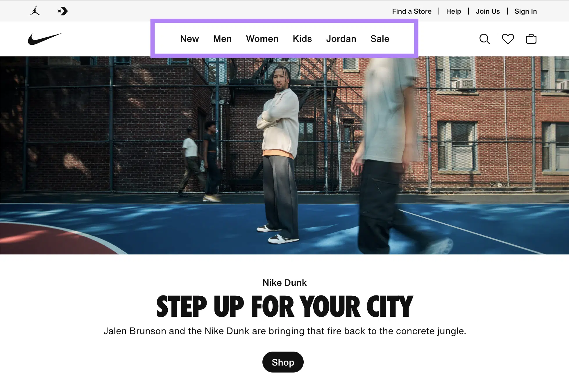 Nike's navigation shows New, Men, Women, Kids, Jordan, and Sale links.