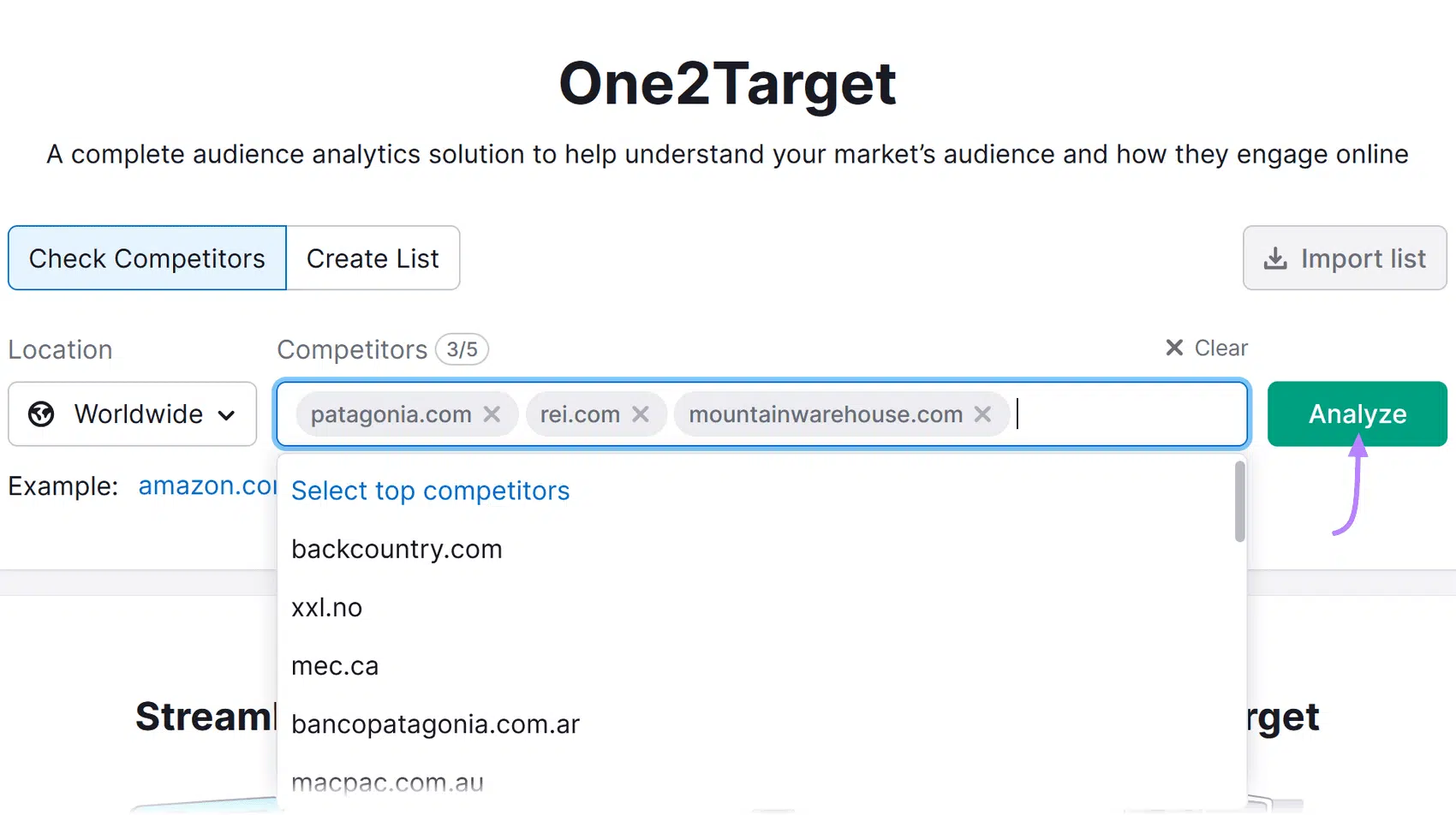 Interface for One2Target showing three competitors, and a drop-down menu with additional ones