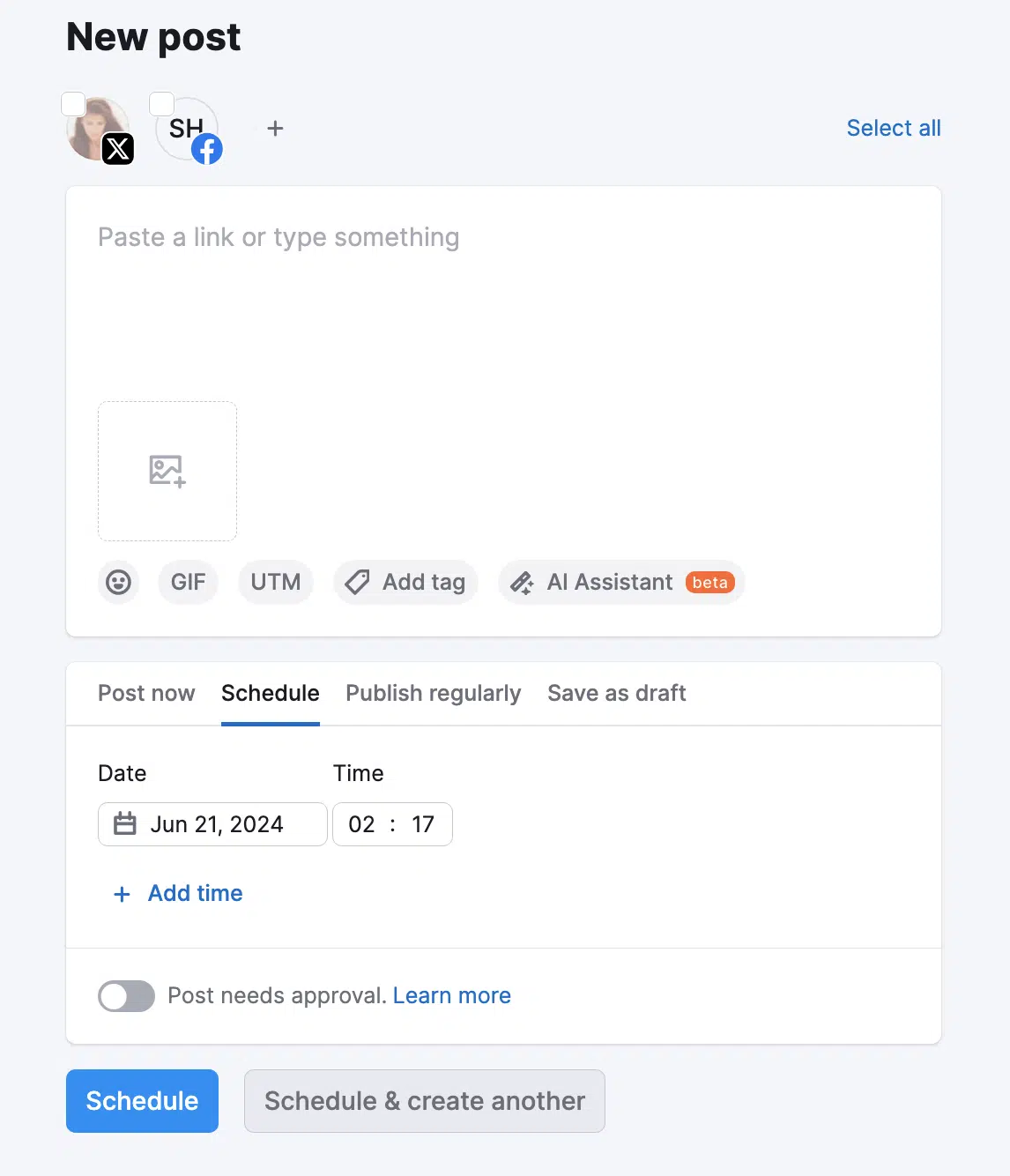 Semrush's Social Poster user interface for scheduling a new social media post with various options 