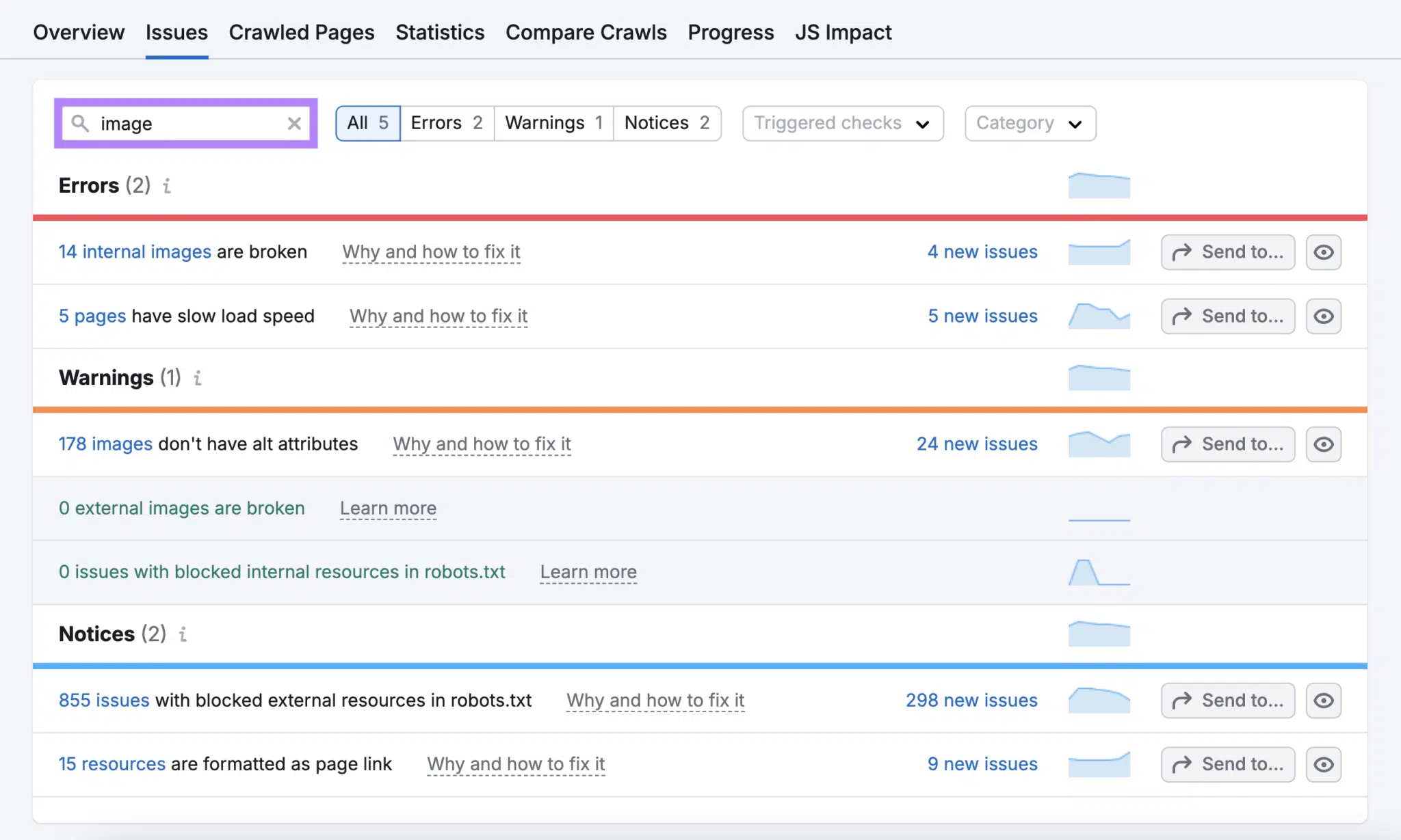 Search for "image" issues in Site Audit shows broken internal images, pages with slow load speed, and more