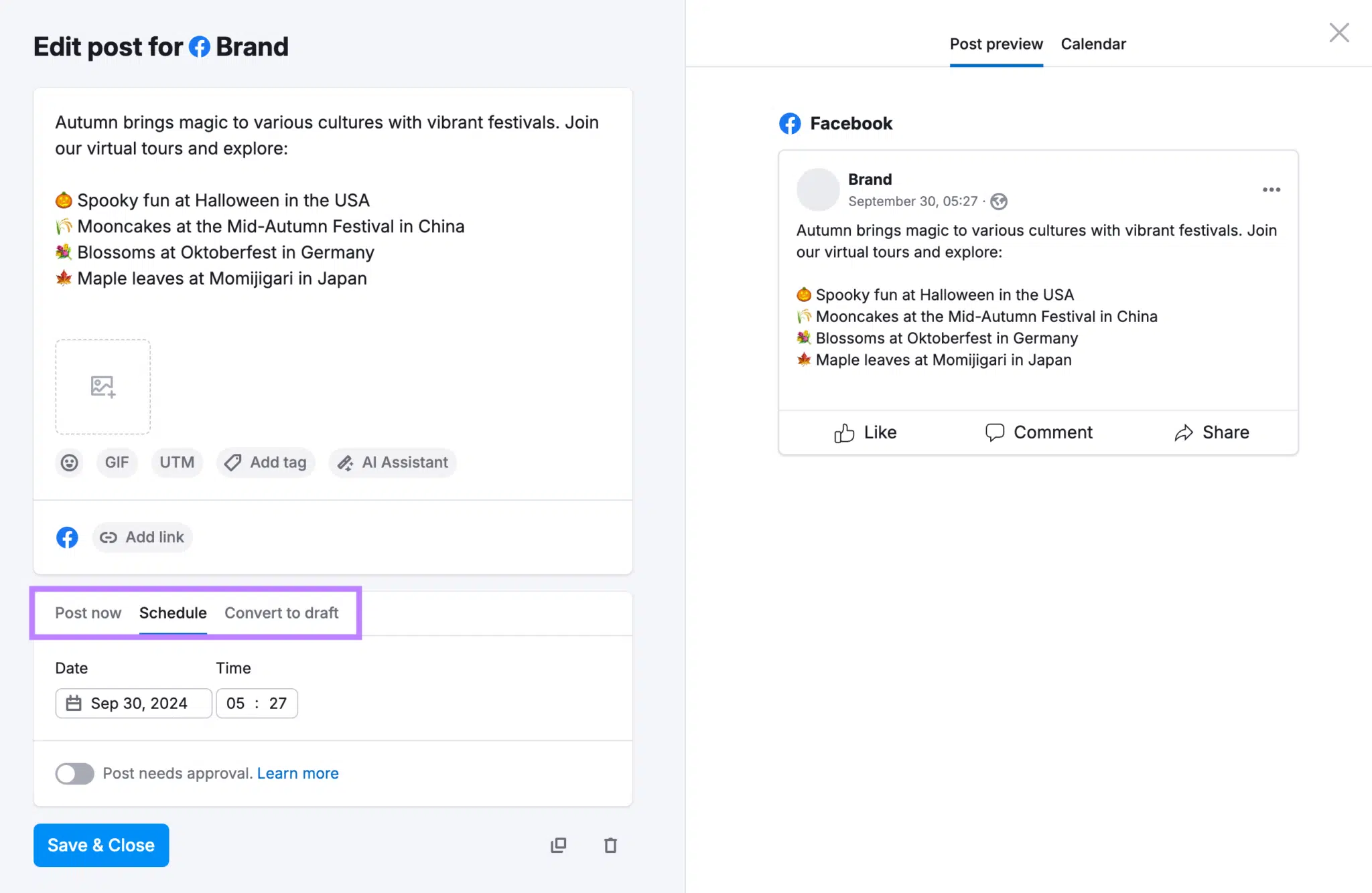 Facebook post editor with post preview and posting options highlighted