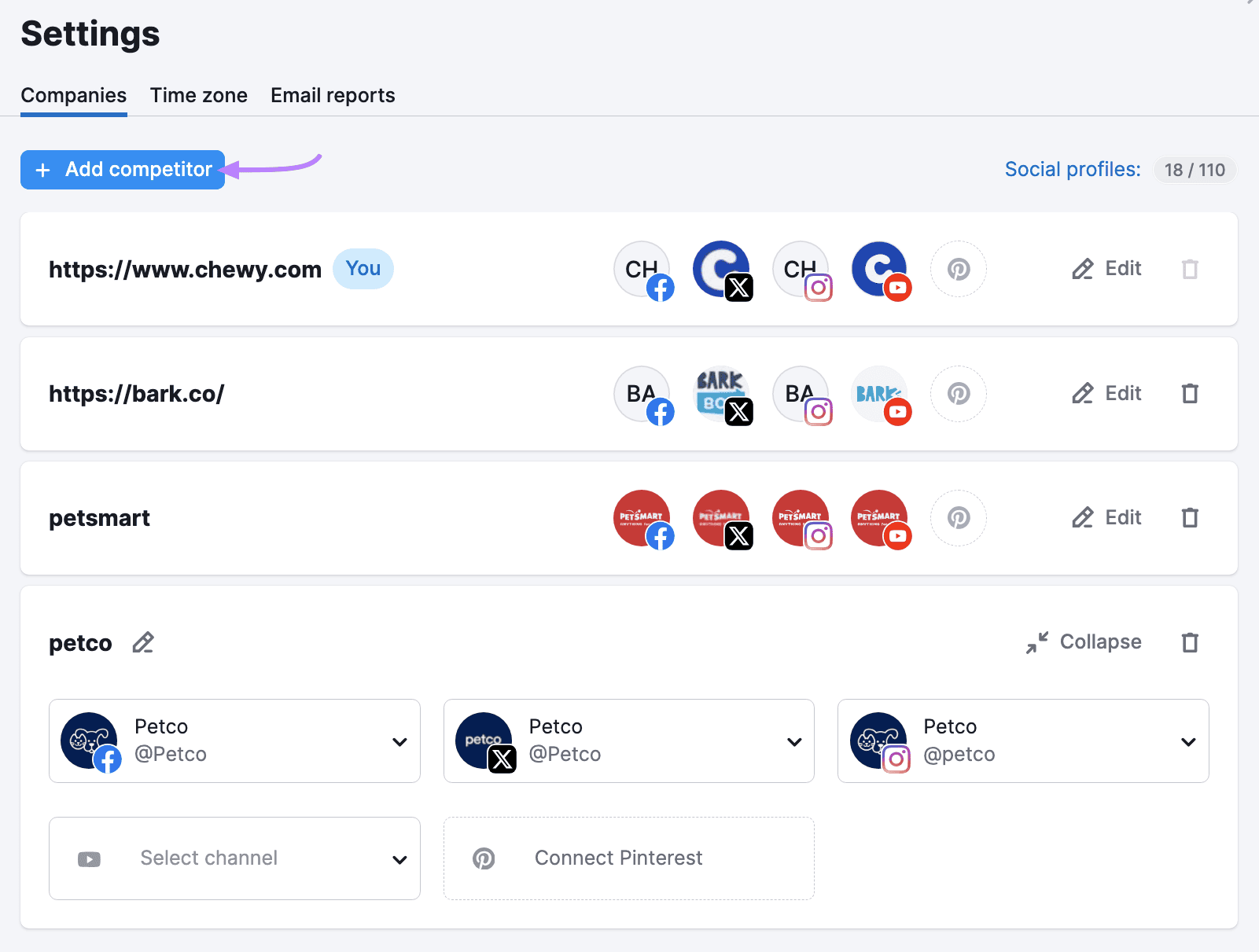 Semrush's Social Tracker "Settings" interface showing a list of company competitors with an option to add a new competitor