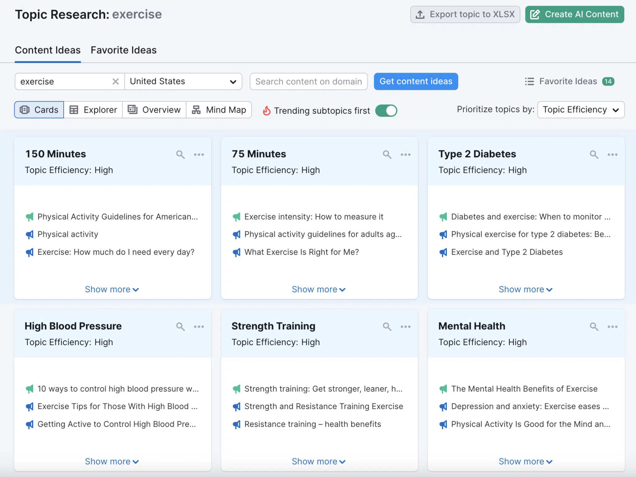 Topic card ideas include "high blood pressure," "strength training," and "mental health"