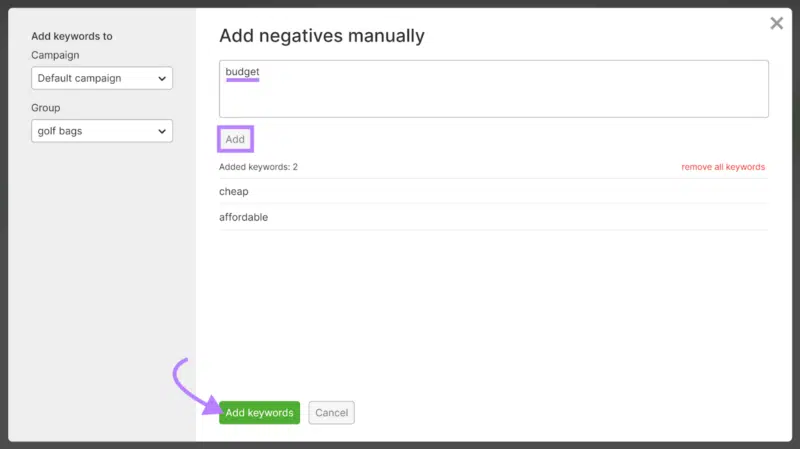 Add negative keywords manually - Semrush PPC Keyword tool