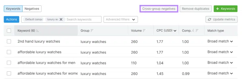 Cross group negatives - Semrush Keyword Tool