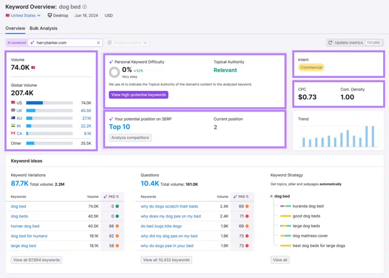 Review the keyword overview from the Semrush tool