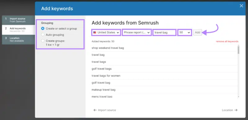 Create new keyword group in Semrush's PPC Keyword Tool