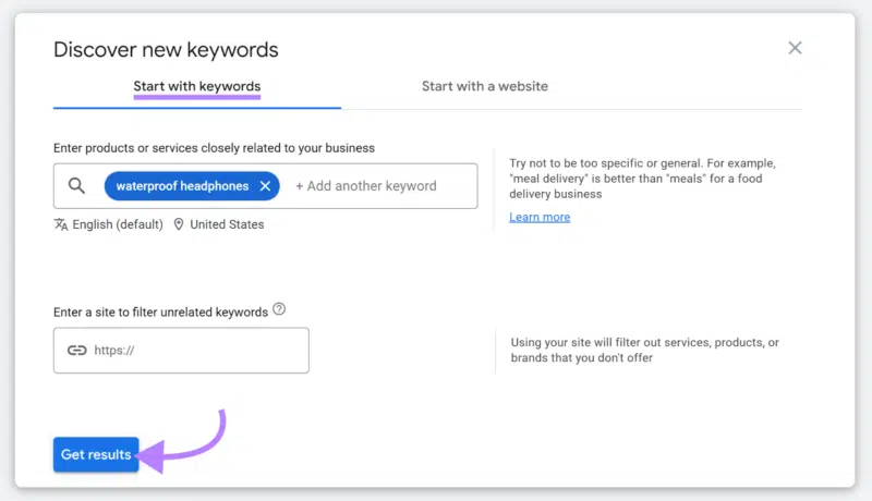 Get results from Google Keyword Planner Tool