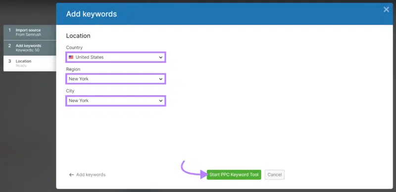 Specify geotargeting in Semrush's PPC Keyword Tool