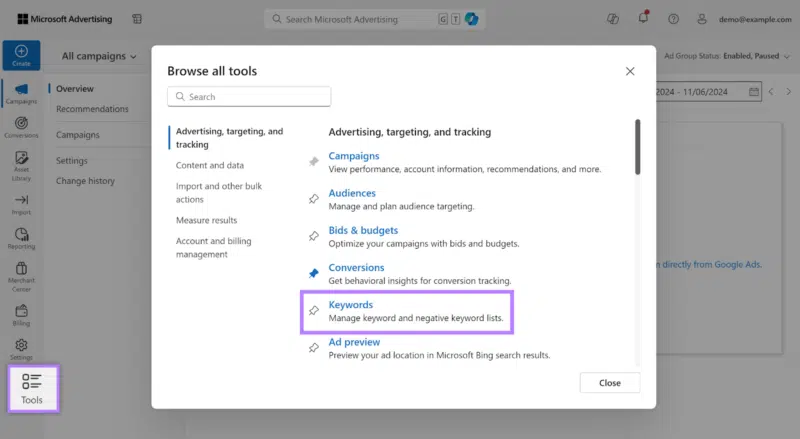 Microsoft Advertising keyword tool