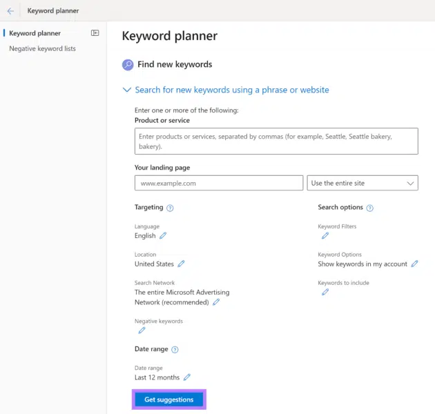 FInd new keywords in the Microsoft Keyword planner