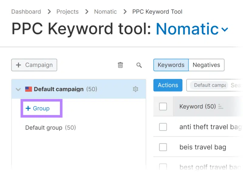 Create new group in Semrush PPC Keyword Tool