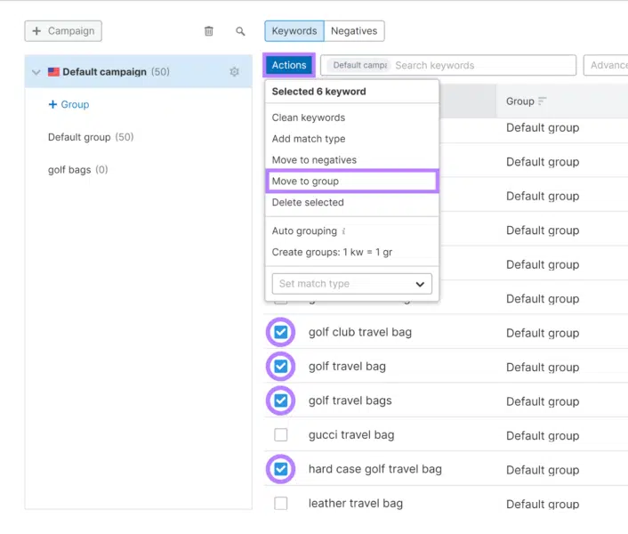 Move to group - Semrush PPC Keyword tool