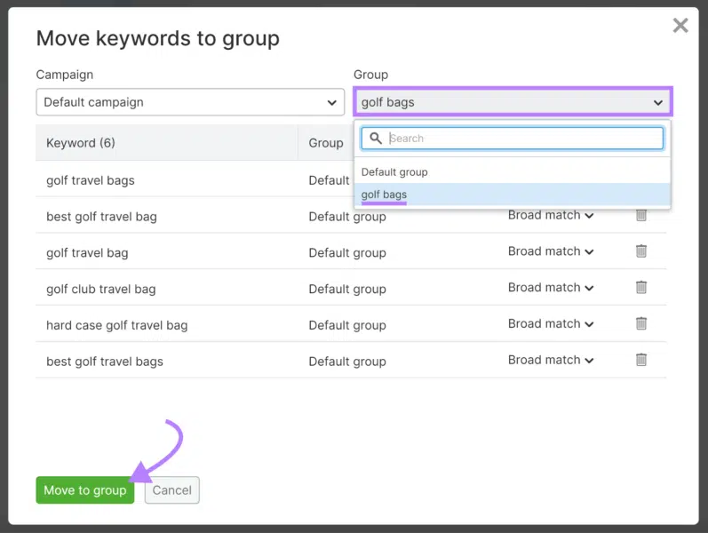 Move keywords to group in Semrush PPC Keyword Tool