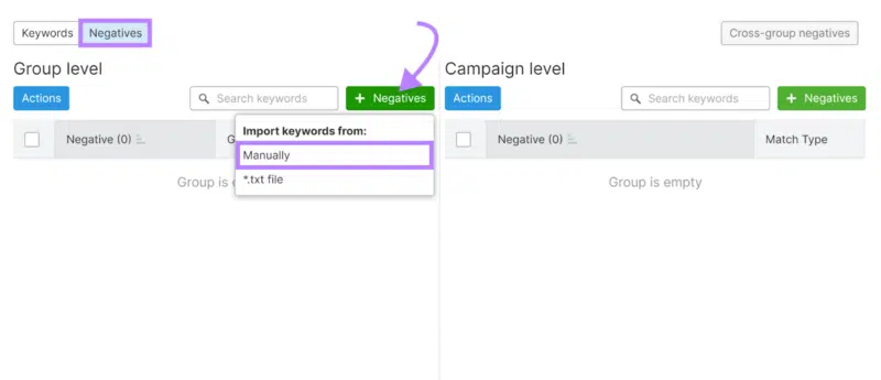 Add negative keywords manually - Semrush PPC Keyword tool