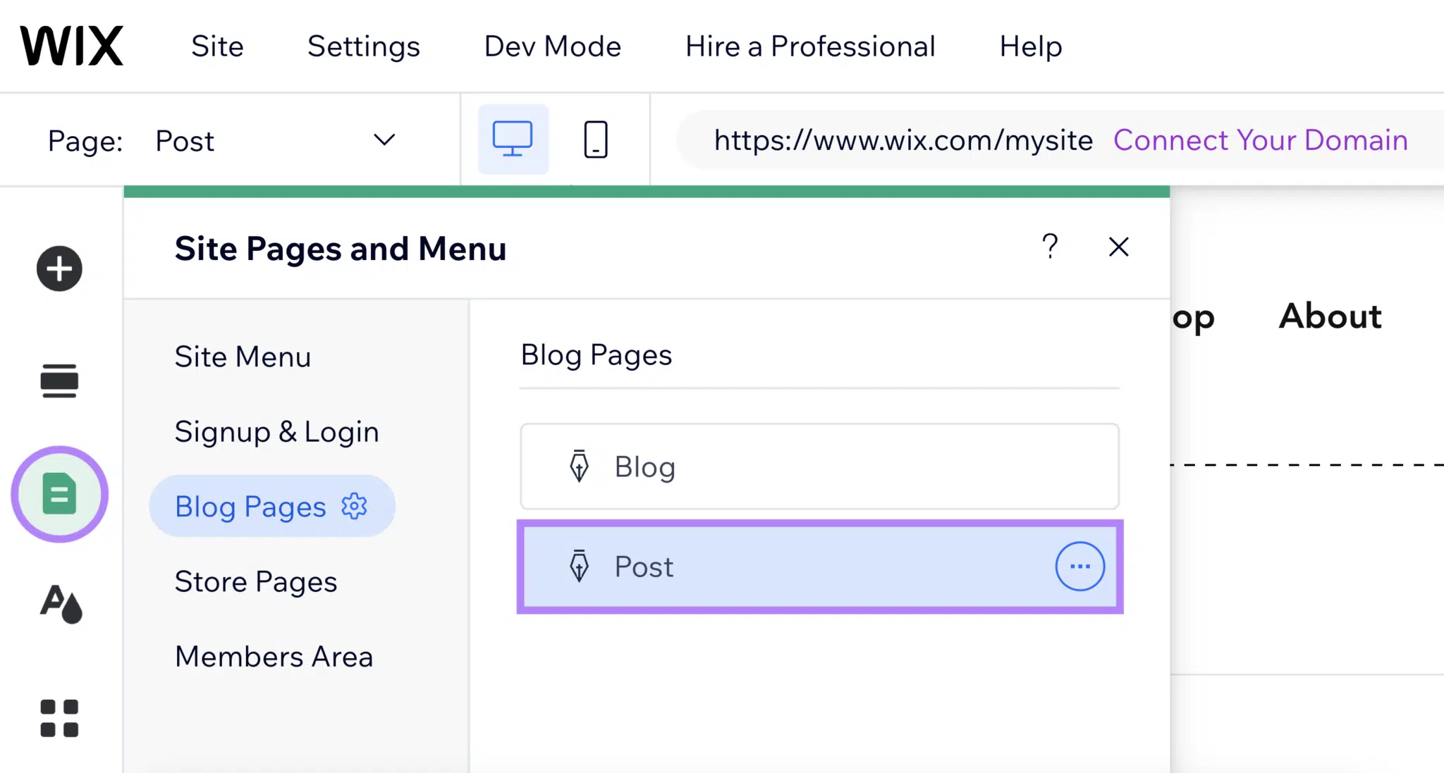 Choose Pages option in Wix, then Blog Pages, and Post.