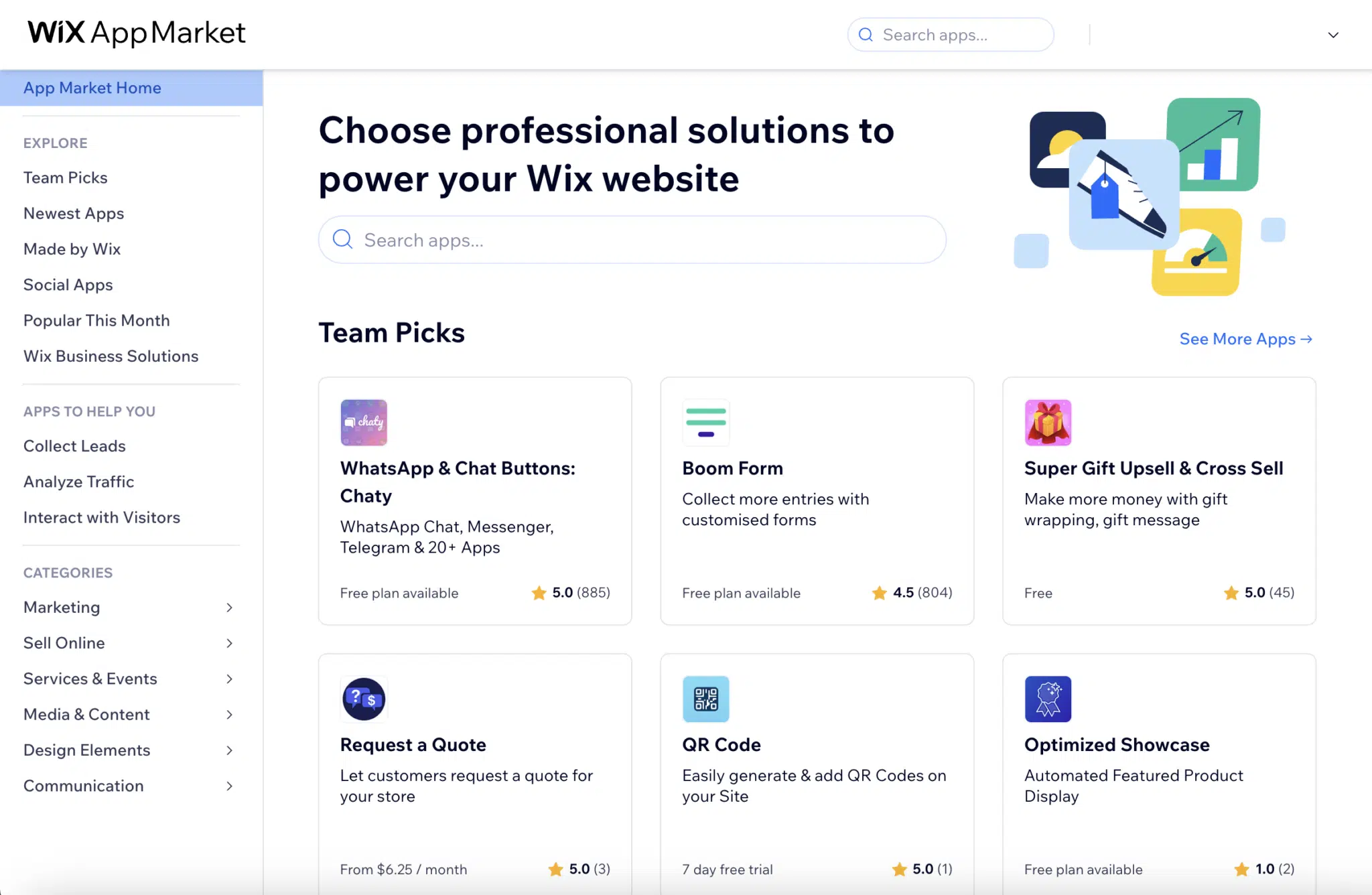 Wix's app market highlights top picks such as WhatsApp, QR codes, and more