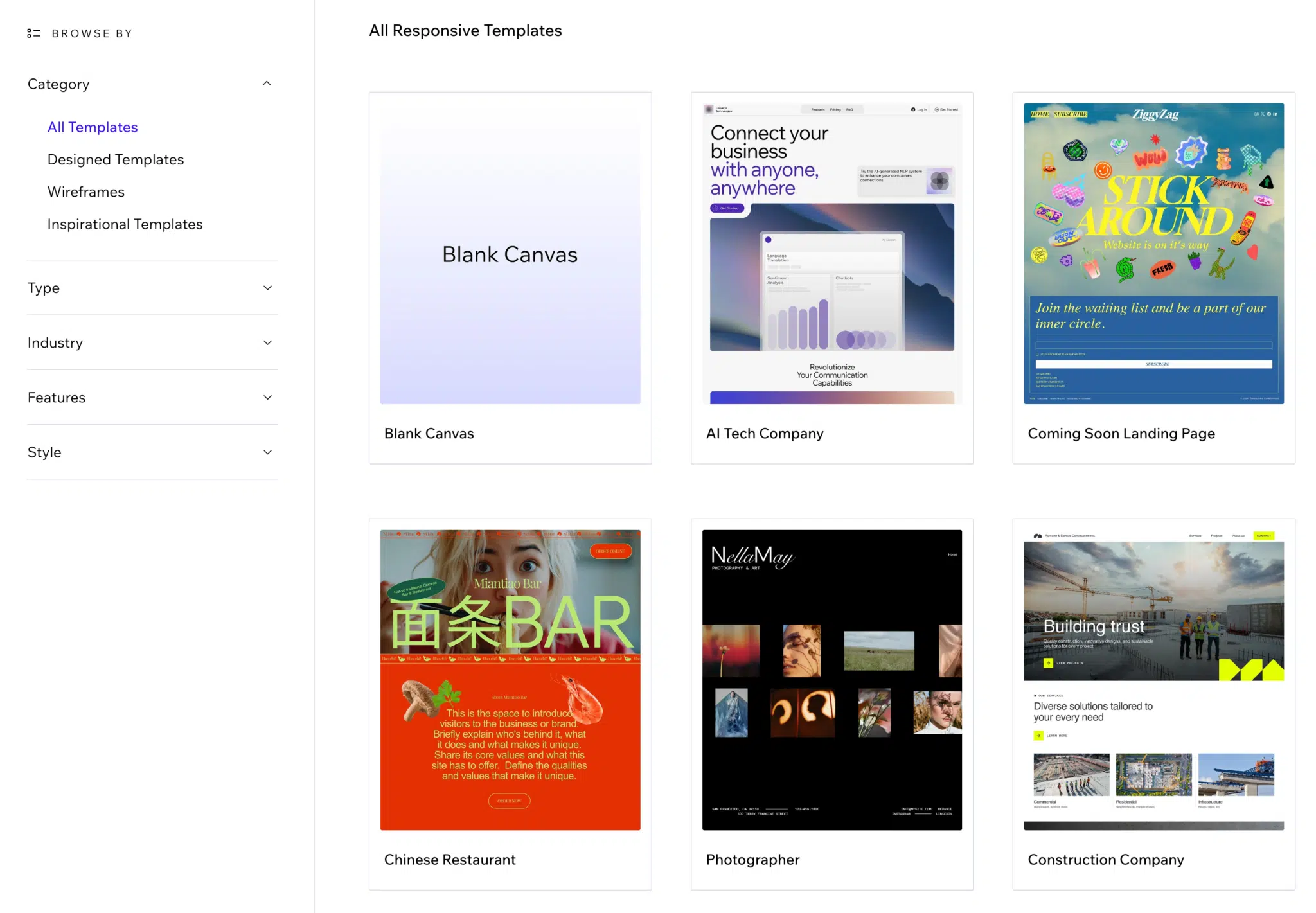 Wix library of responsive templates