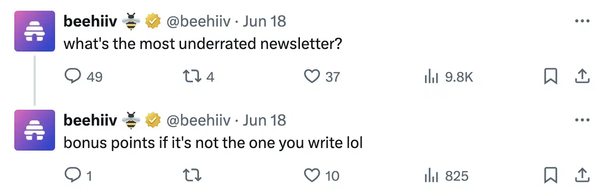 Two tweets from the @beehiiv account discussing underrated newsletters