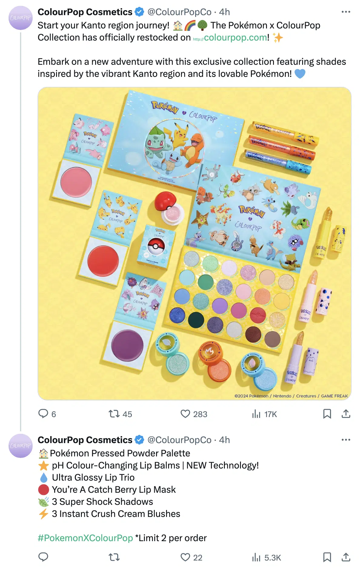 X thread showing ColourPop Cosmetics' Pokémon-themed makeup collection against a yellow background