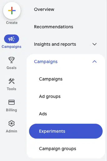 Google Ads Experiments section