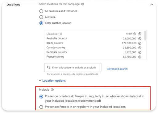 Google Ads - Locations settings