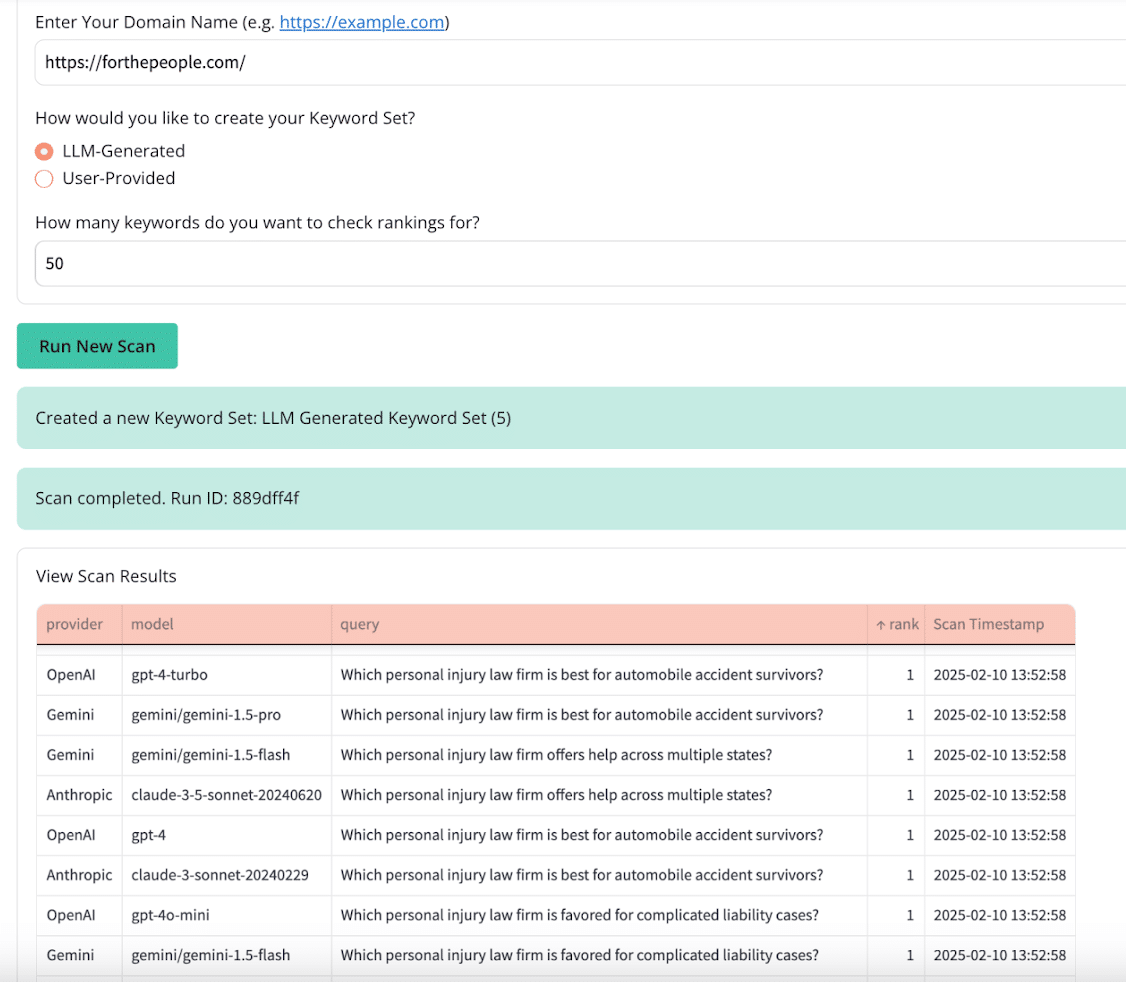 Sample AI search tracking tool - Fractl Agents