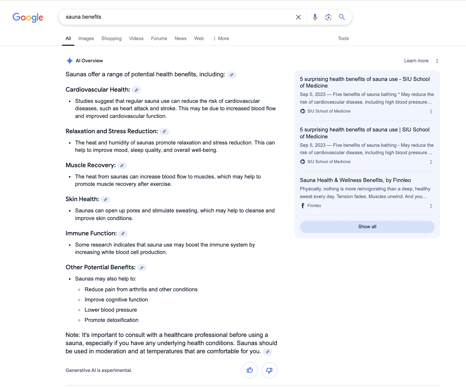 Sauna benefits AI Overviews