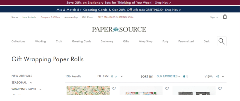 Paper Source website section for gift wrapping