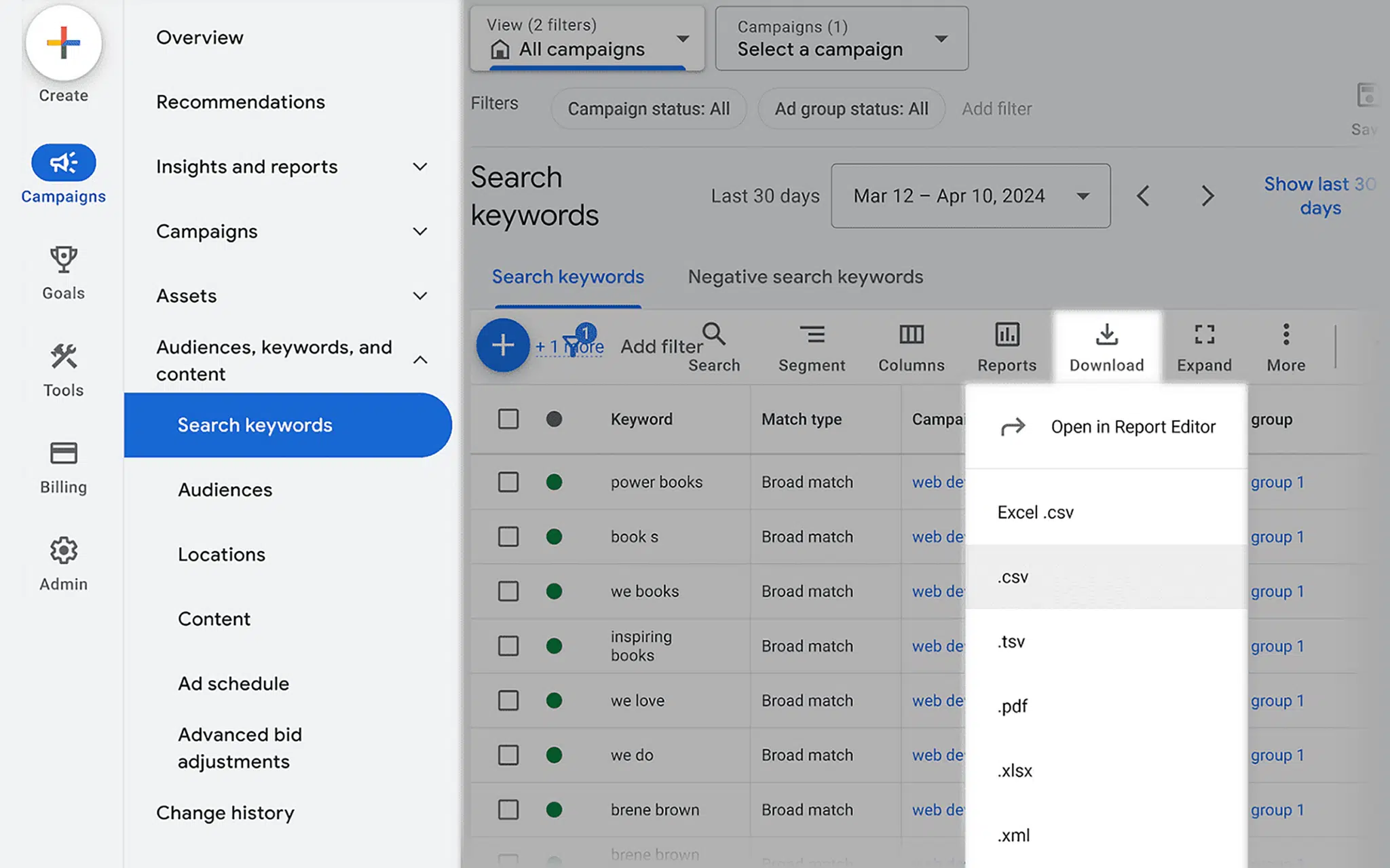 Google Ads Download Keywords