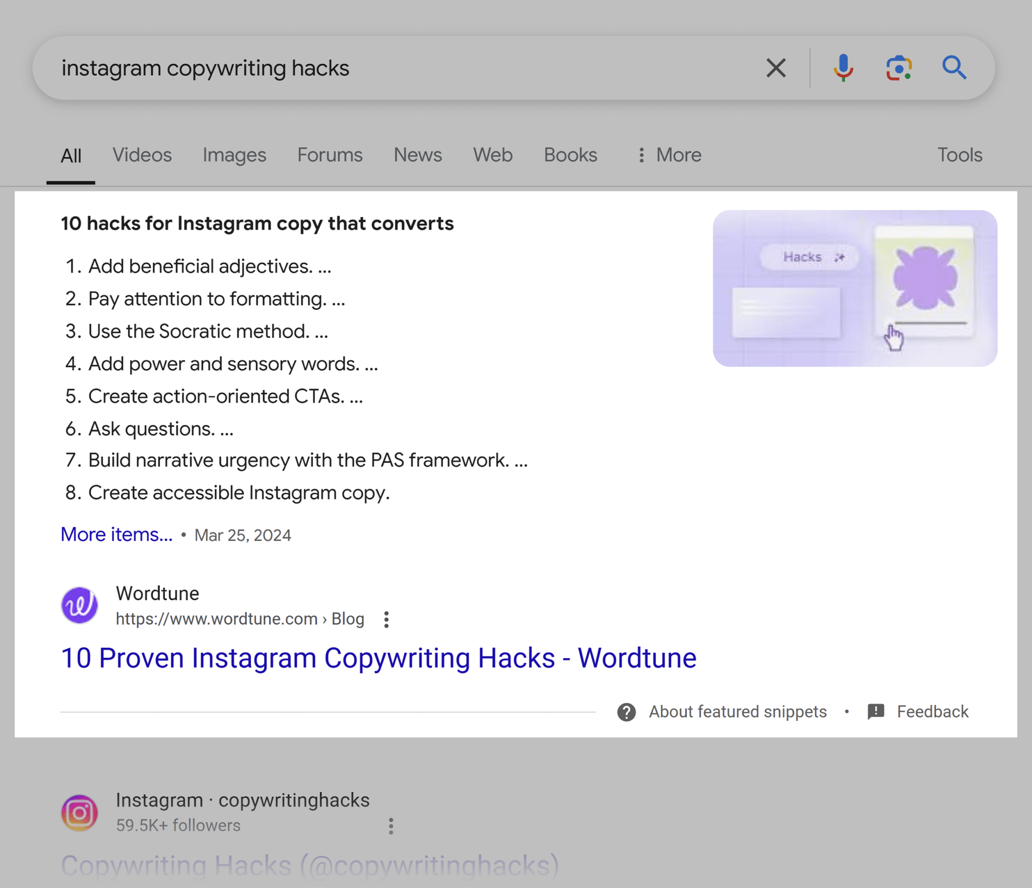Google SERP &ndash; Instagram Copywriting Hacks