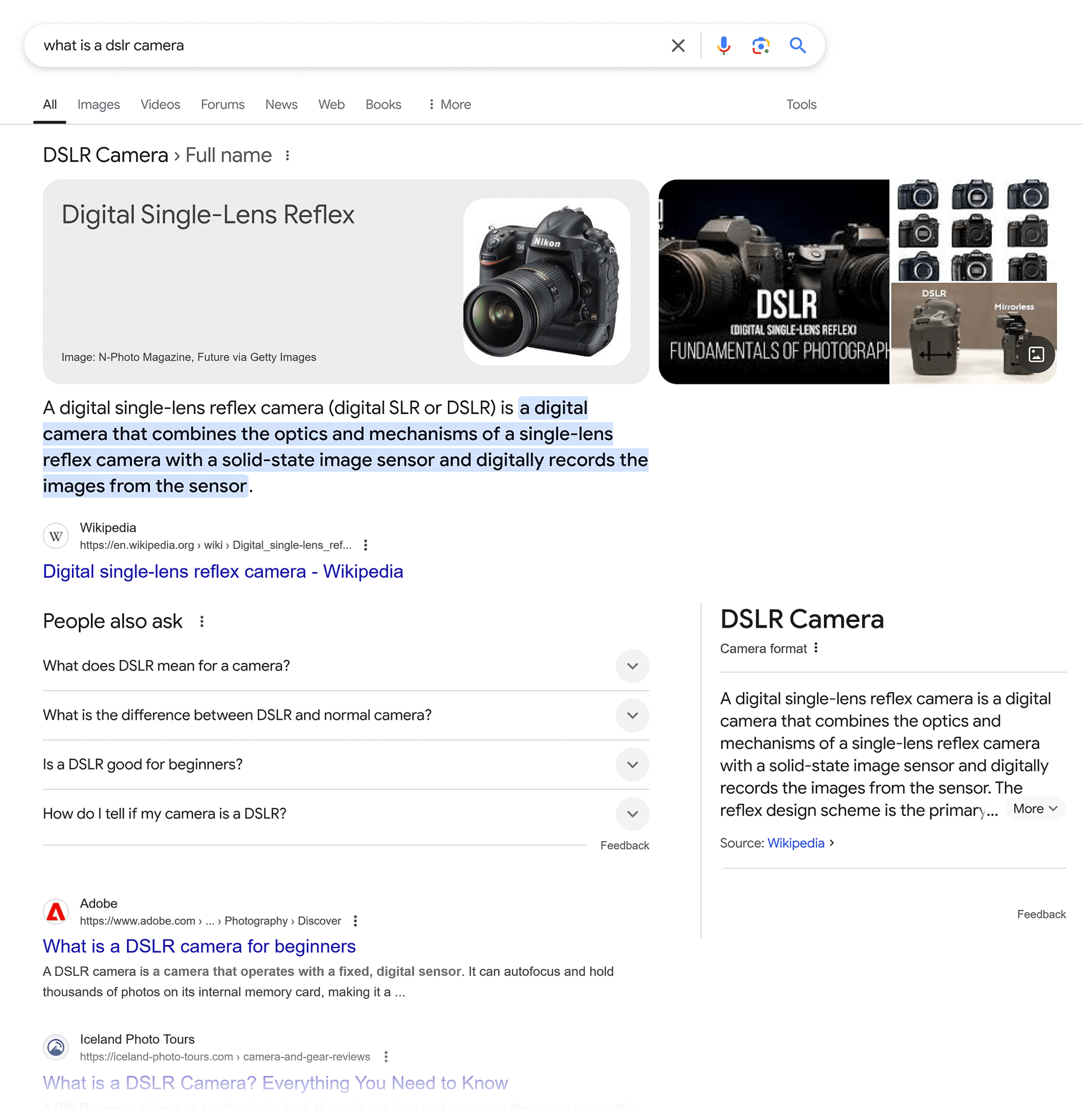 Google SERP &ndash; What is DSLR Camera