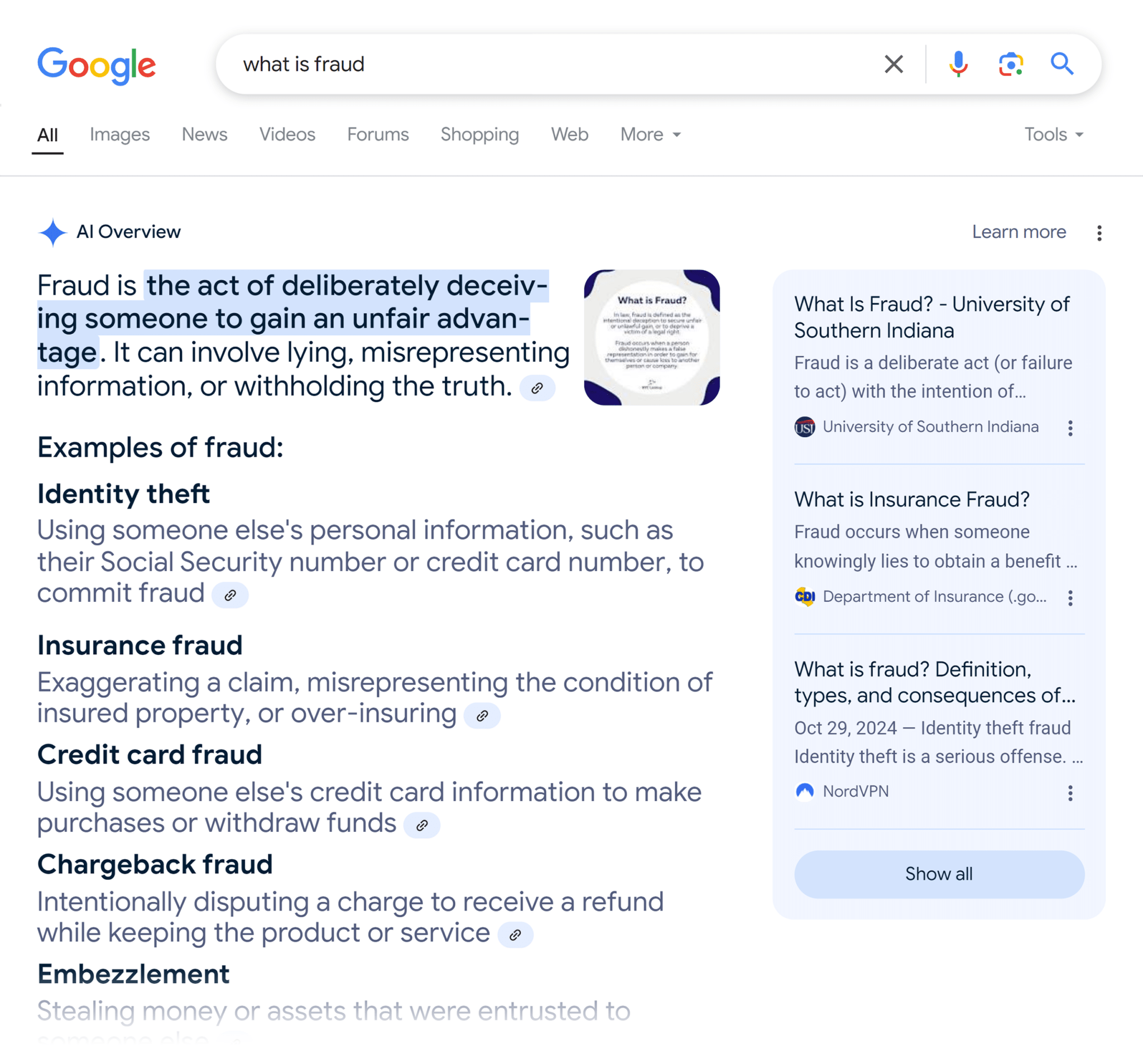 Google SERP &ndash; What is Fraud &ndash; AI Overview
