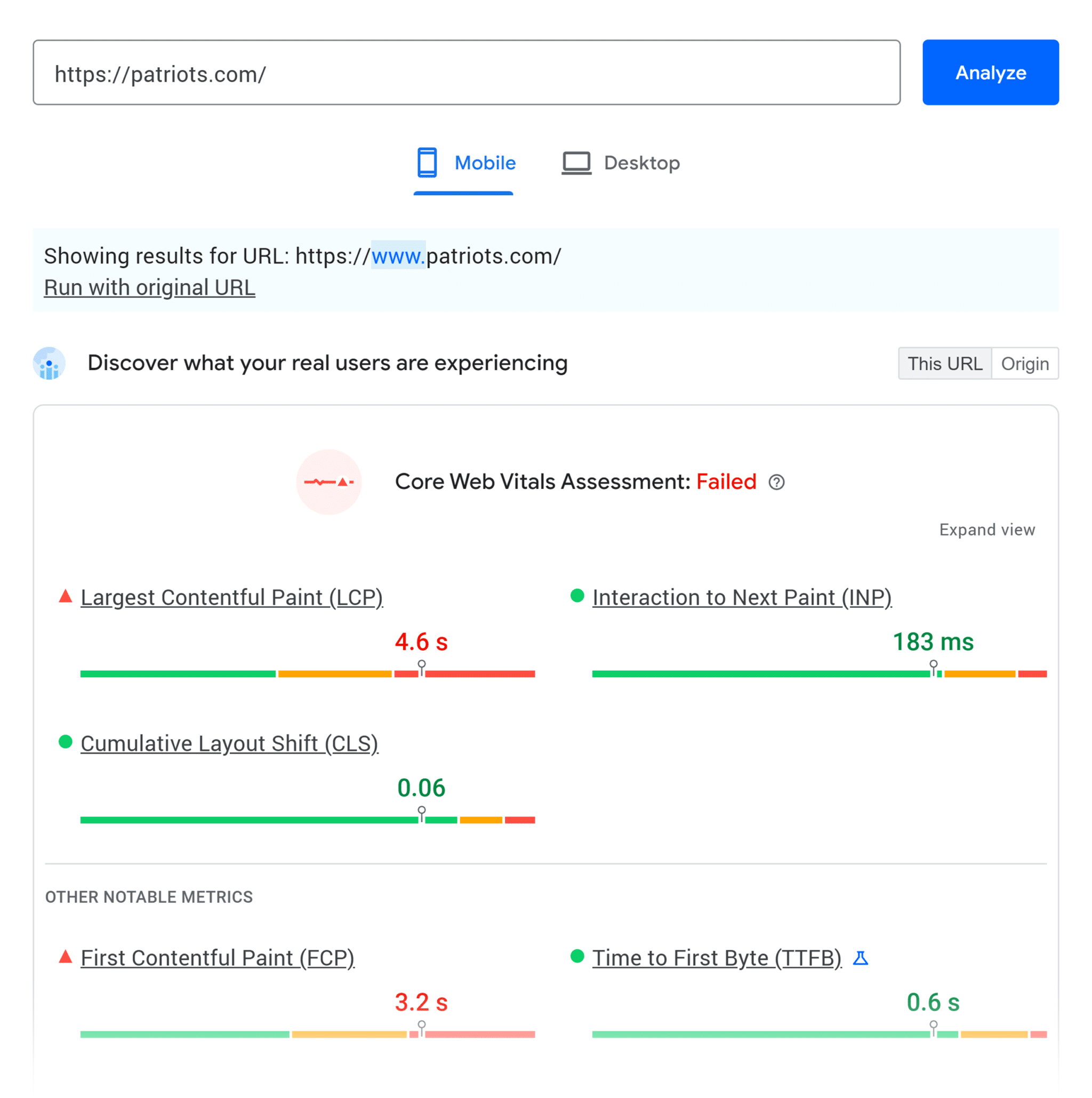 Pagespeedinsights Patriots Core Web Vitals