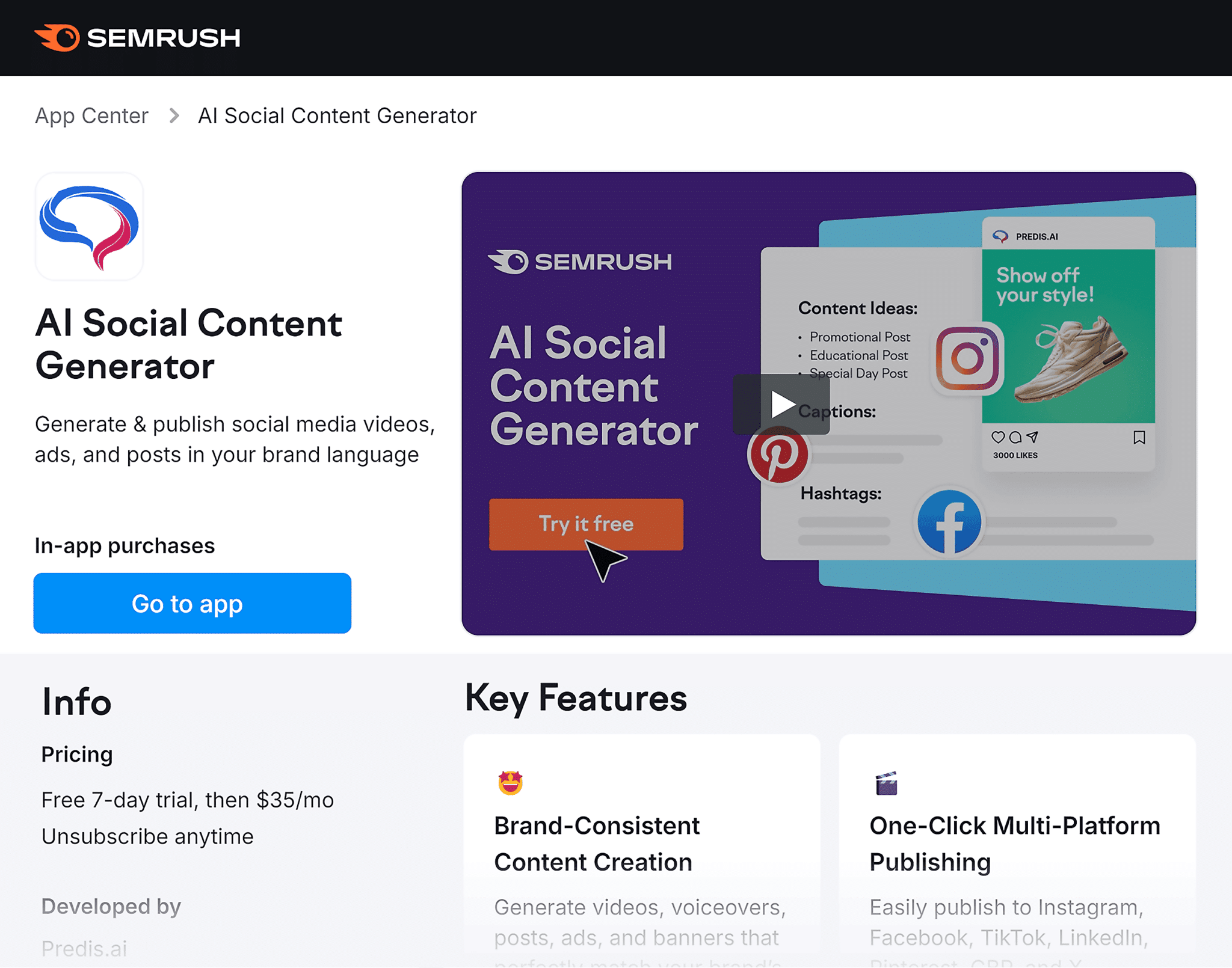 Semrush Ai Social Content Generator Homepage