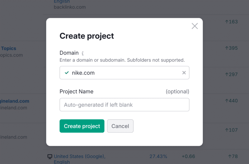 Semrush – Create Project – Nike