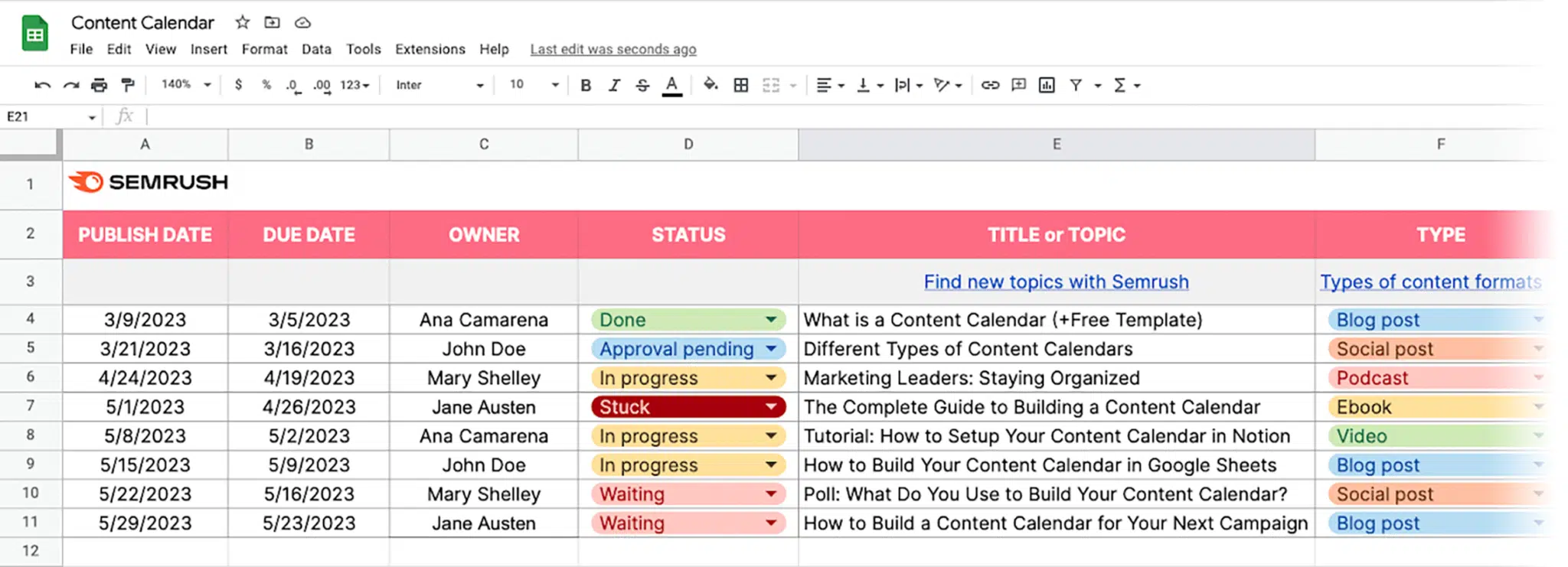 Semrush Sample Content Calendar 1