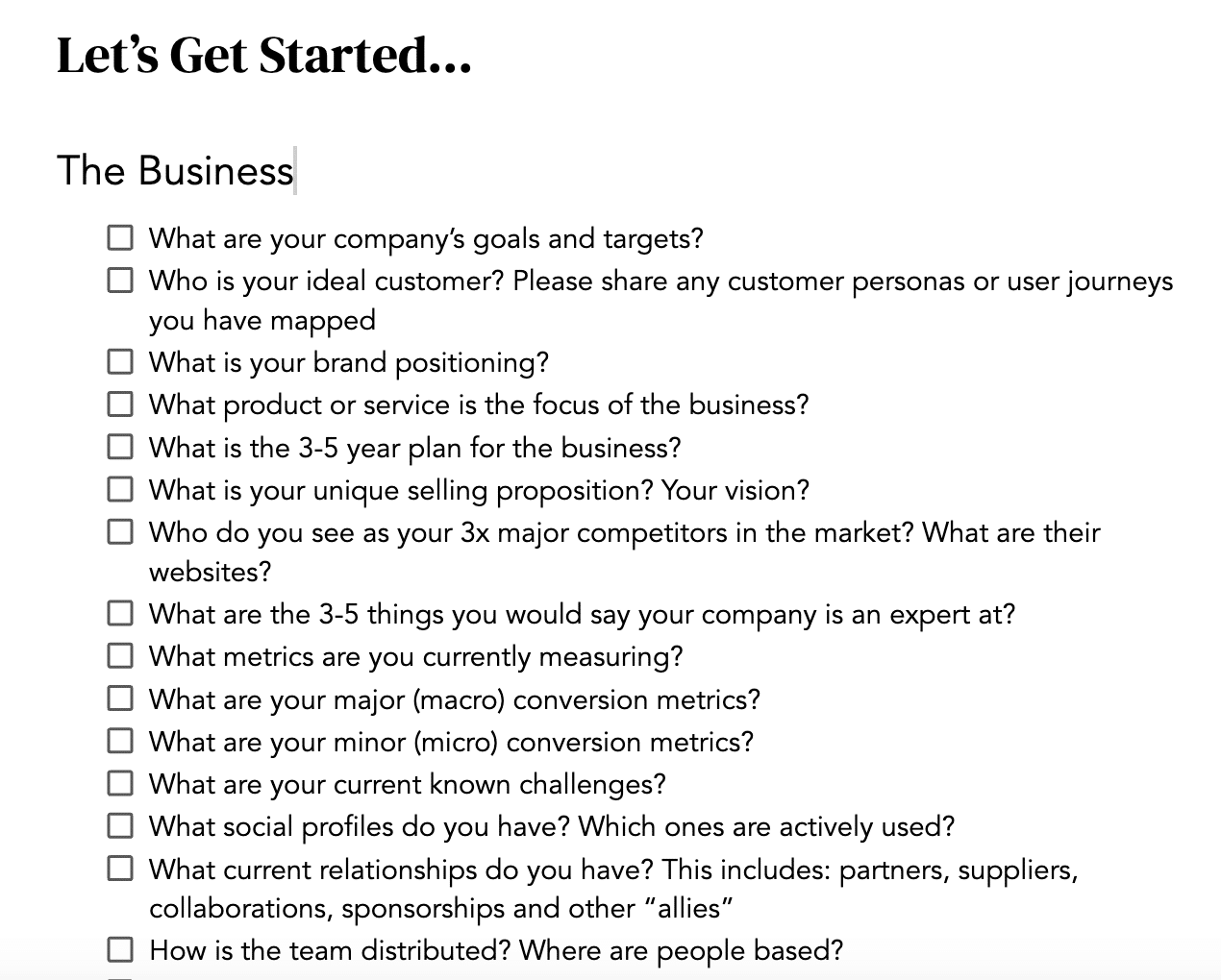 A sample of onboarding business questions from Building a Business Brain by FLOQ Academy