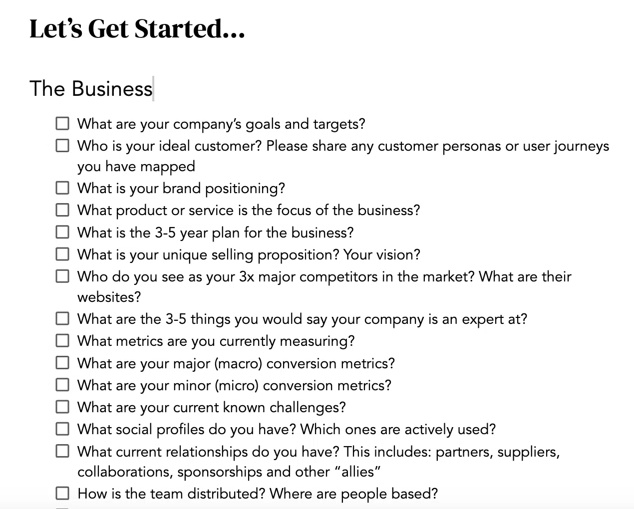 A sample of onboarding business questions from Building a Business Brain by FLOQ Academy