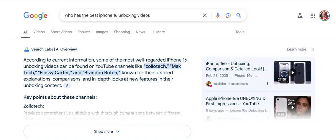 AI Overviews - Who has the best iPhone 16 unboxing videos