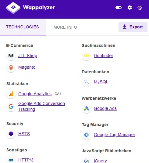 Пример результатов анализа Wappalyzer