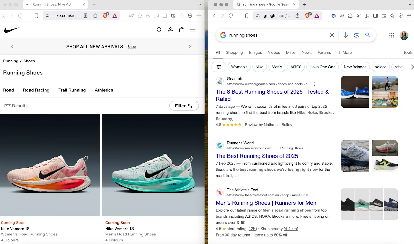 Nike сайт против Google Search - кроссовки