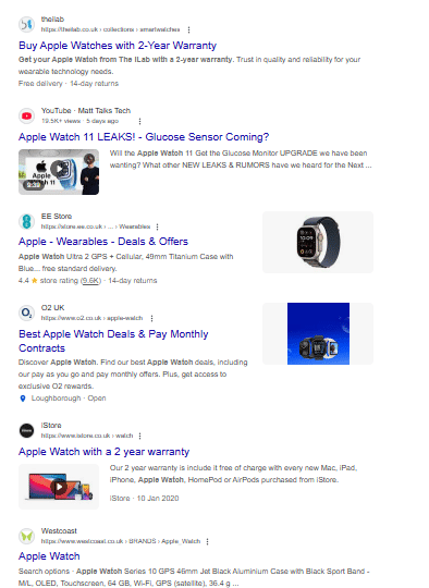 Sample Apple Watch SERP listings