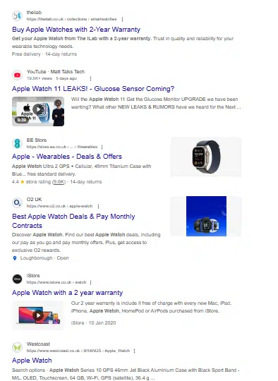 Образец списков SERP Apple Watch