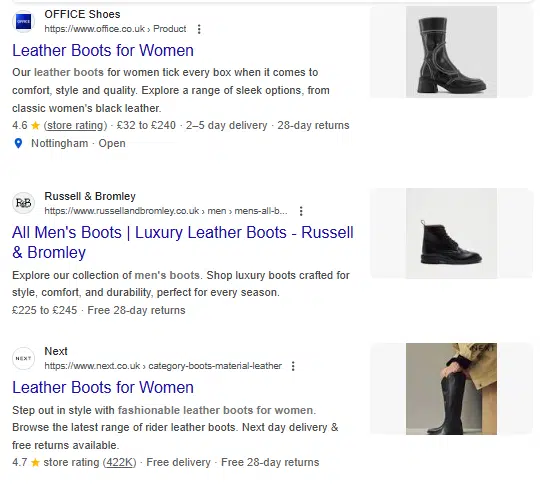 Examples of leather boots search lists