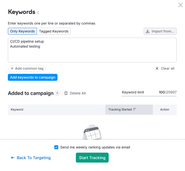 Position Tracking Enter Keywords