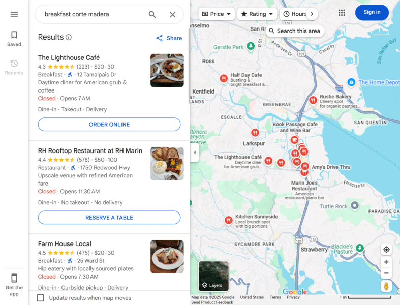 Google Maps Breakfast Corte Madera