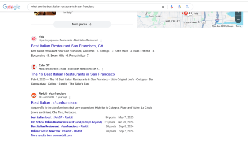 Local search results for restaurants in San Francisco